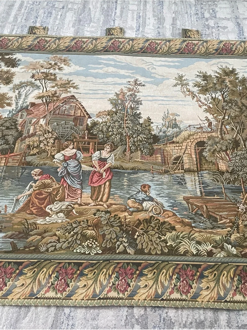 Vintage Beautiful French Aubusson Style Pictorial Figurative Tapestry Wall Hang